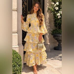 Yellow Floral Tiered Ruffle Maxi Dress Bell Sleeve Cottagecore Size 2